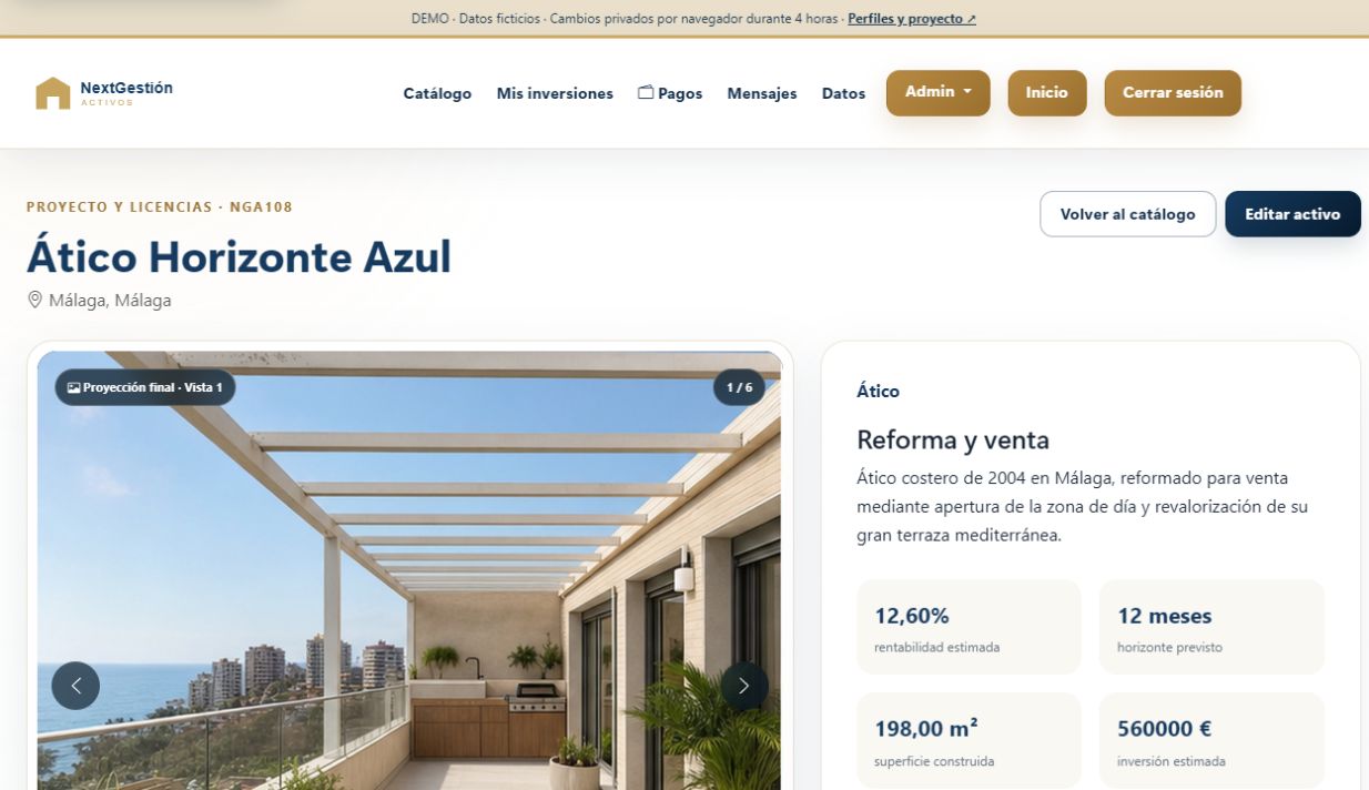 Ficha de Ático Horizonte Azul en NextGestión Activos, con galería y estructura de inversión.