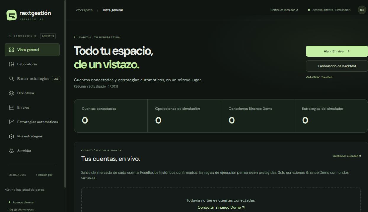 Vista general de Strategy Lab, con acceso directo a cuentas y estrategias