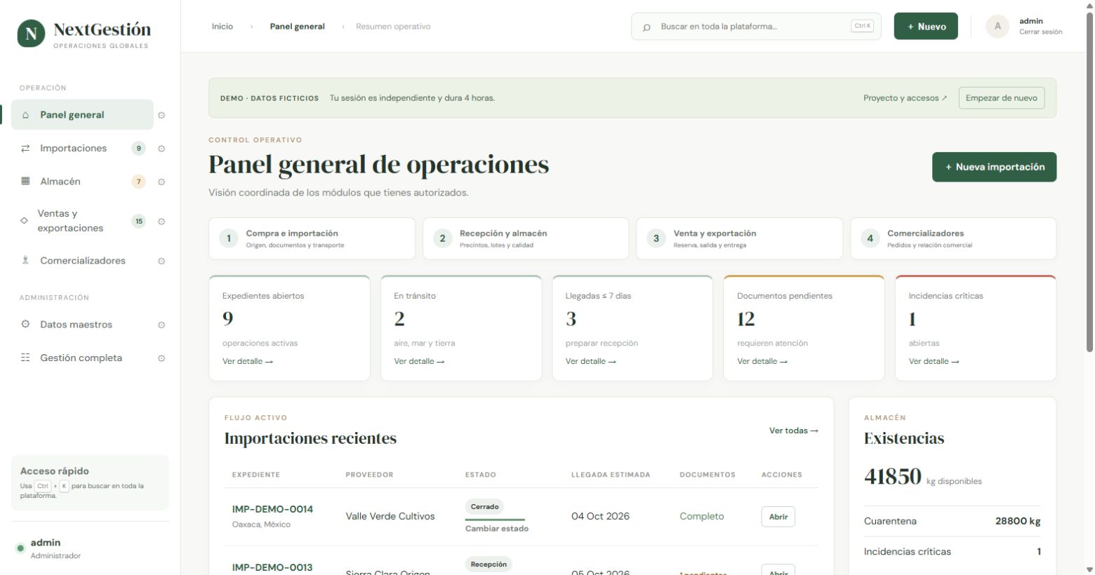 Panel general de NextGestión Importadora con importaciones, alertas y existencias de almacén.